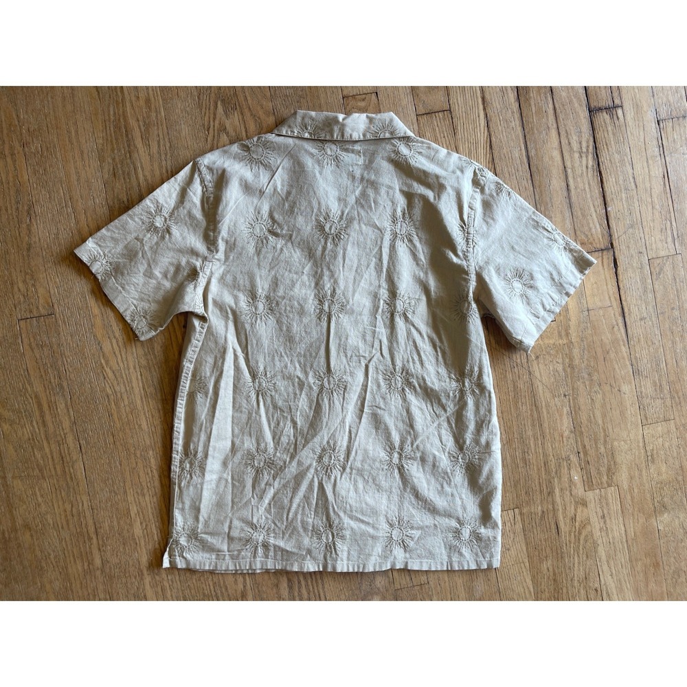 Old Navy Mens Sun Embroidered Camp Collar Shirt British Khaki Linen Blend M - Picture 8 of 8